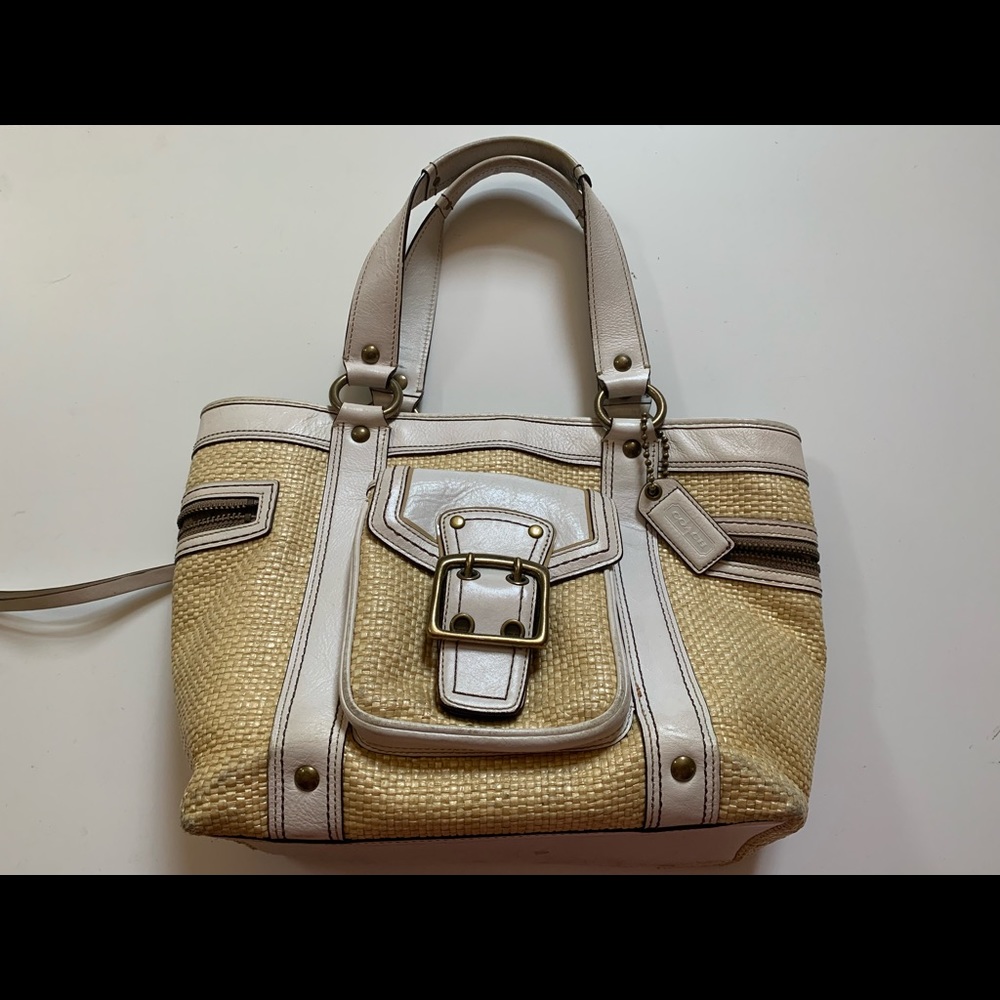 Auth Coach Legacy Straw White Leather tote bag